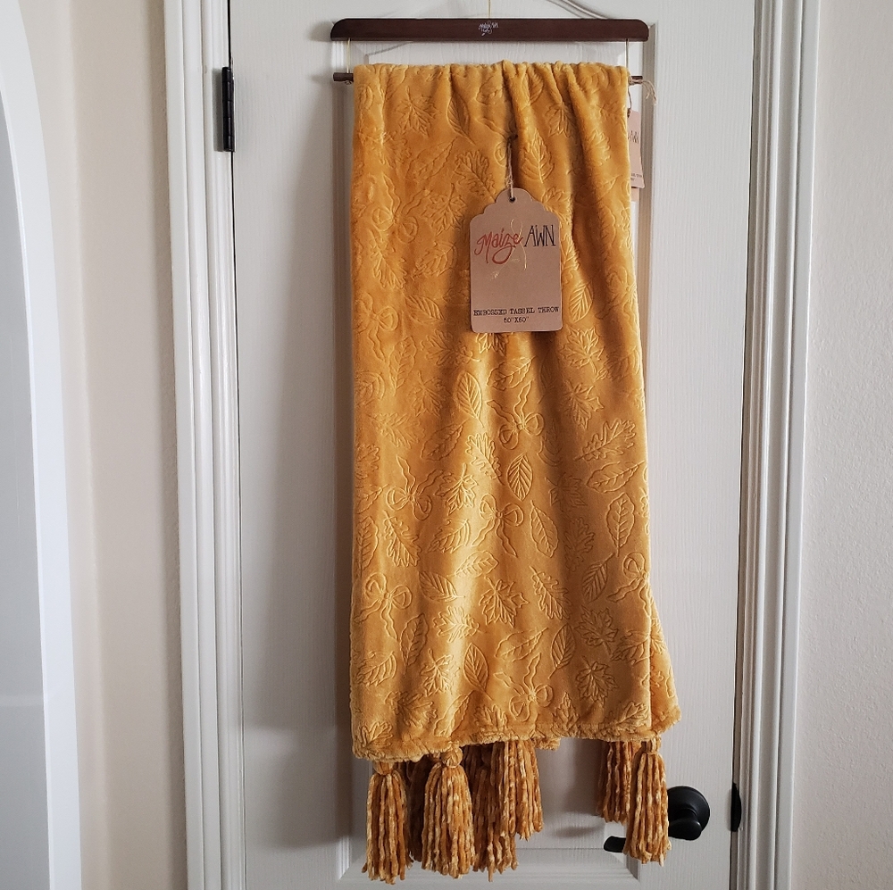 Fall Leaf Embossed Pattern Honey Gold "50 X 60" Tassel Throw Blanket